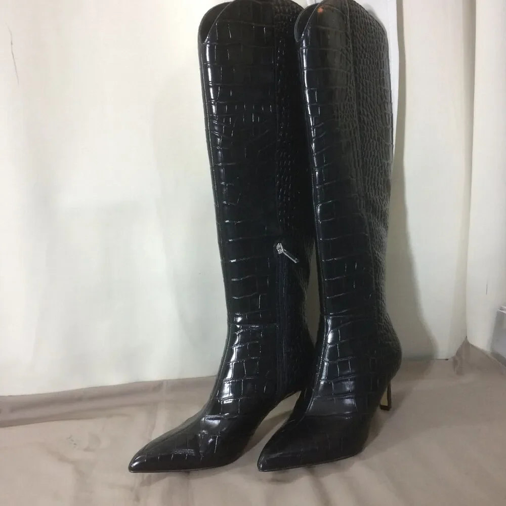 NEW Marc Fisher LTD Quinnie Black Croc Embossed Knee High Boot Size 6.5 Unworn